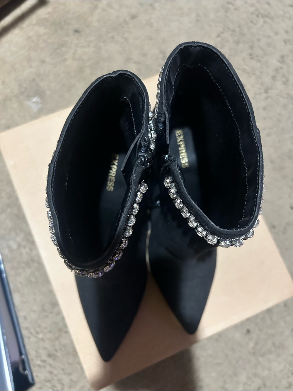 Express Black Pointed Toe Ankle Boots with Rhinestone Trim